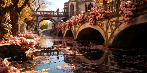 Wall Mural - A charming bridge, immersed in flowering, like a road to magic garden