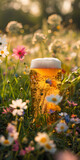 Fototapeta Sport - Mobile vertical wallpaper photograph of a beer pint glass at a field full of blooming colorful flowers. Story post.