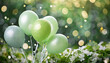 illustration d'un bouquet de ballons dans les teintes de vert avec des fleurs blanches à côté sur un fond vert avec des ronds en effet bokeh