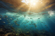 A school of  fishes swimming, lovely sunlights from surface of sea, view from underwater, low angle, realistic...