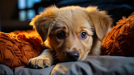 Canvas Print - A puppy of golden labrador, immersed in a game with a plush teddy bear, like a small researcher i