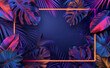 Colorful tropical leaves with neon frame 