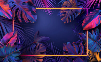 Poster - Colorful tropical leaves with neon frame 