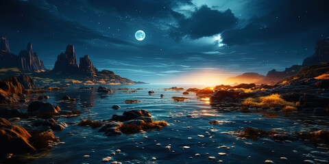 Wall Mural - A sparkling moon, lighting its lights in darkness, like a star lighthouse in the ocean of the n