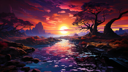 Wall Mural - Magic cosmic sunsets staining heaven in fiery shades, like fairy tale paintings in h