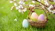 Soft focus Easter background featuring delicate pastel hues and blossoms