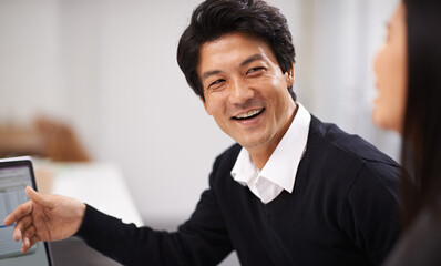 Young, asian business people or smile in communication for collaboration or computer for online research on project. Japanese man, woman or happy together in office or web development in workplace