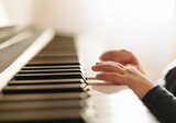 Fototapeta Koty - little hand of baby play piano
