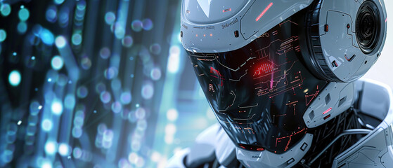 AI robot using cyber security to protect information privacy. Futuristic concept of cybercrime prevention by artificial intelligence and machine learning process. 3D rendering