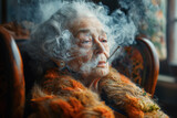 Fototapeta Panele - old elderly sad woman smokes a joint of marijuana cigarette