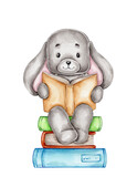 Fototapeta Pokój dzieciecy - Cute bunny reads book and sits on books; watercolor hand drawn illustration