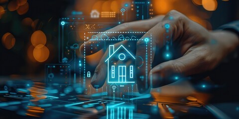 Aufkleber - Man touch virtual house icon for analyzing mortgage loan home and insurance real property mortgage. interest rate, Investment planning, business real estate icons on virtual screen. Generative AI.