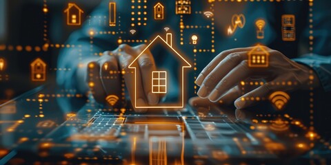 Aufkleber - Man touch virtual house icon for analyzing mortgage loan home and insurance real property mortgage. interest rate, Investment planning, business real estate icons on virtual screen. Generative AI.