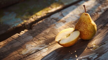 Wall Mural - Ripe pear and its slice on a wooden surface