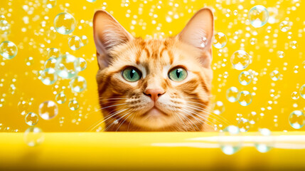 Wall Mural - A playful red cat enjoys a bubbly bath in a bathtub