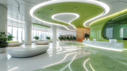 Aufkleber - An open space office with a light green and white ceiling, circular seating areas for collaborative work in circles. Generative AI.