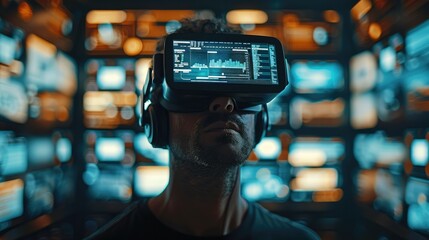 Poster - Portrait of a man wearing VR glasses standing in the office with a lot of screens showing data and code. Digital, Technology. Generative AI.