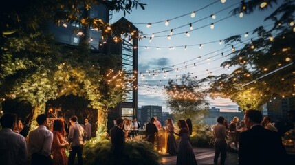 Canvas Print - Rooftop garden party in 1920s with cocktails and fairy lights