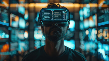 Poster - Portrait of a man wearing VR glasses standing in the office with a lot of screens showing data and code. Digital, Technology. Generative AI.