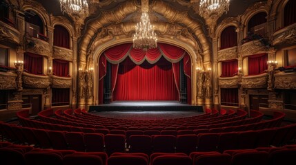 Wall Mural - Opulent 1920s theater red velvet grand stage opera in action