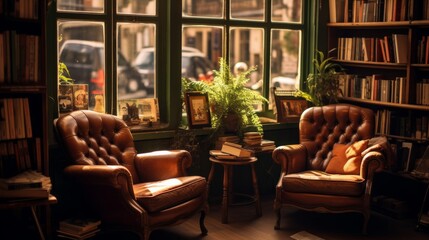 Wall Mural - Quaint 1920s bookshop vintage chairs sunlight cat on window sill