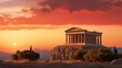 Orange and pink sky behind Greek temple at sunrise peaceful air
