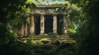 Ancient Greek temple enveloped by jungle tropical plants abound