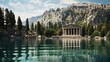 Alpine lake mirrors Greek temple pristine reflection in clear waters