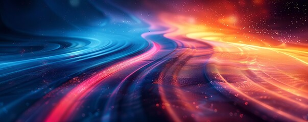 Wall Mural - Abstract futuristic background with glowing lines and wavy shapes, creating an atmosphere of speed and motion. The colors include blue, orange, red, and black, providing a dynamic visual effect