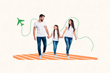 Sticker - Creative collage picture young walking family members airflight plane tourist tickets travel agency promotion drawing background