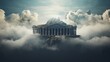 Ethereal Greek temple atop floating island clouds and mystery abound