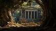 Greek temple in mystical forest's ancient tree secrets guarded by creatures