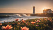 Panoramic view of a beautiful lighthouse with flowers  by the ocean on a Bay with a beach. AI generated image, ai.