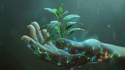 Sticker - Digital human hand holds the plant in palms. Generative  Ai