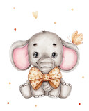 Fototapeta Pokój dzieciecy - Little elephant and bow; watercolor hand drawn illustration