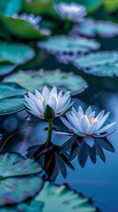 Wall Mural - Water lilies blooming in a serene pond