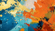 Abstract painting explodes with bold splashes of blue and orange hues.