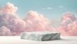 marble display platform with blue sky and pink clouds backdrop