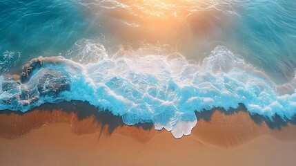 Canvas Print - Aerial view of a serene beach with sunlight waves and sand creating a peaceful and refreshing scene. Concept Aerial Photography, Beach Views, Serene Landscapes, Sunlight Refractions
