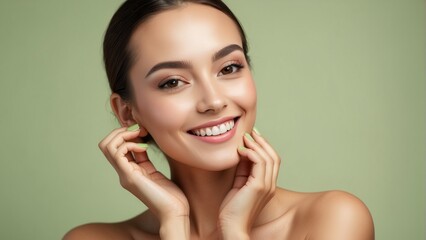 Woman smiling while touching her flawless glowy skin, skincare, Pistachio color background