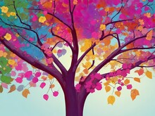 Illustration Background Of A Colorful Tree With Leaves Dangling From The Branches. Wallpaper With Abstraction. Multicolored Leaves On A Flowering Tree