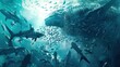 a formidable shark lunging from the depths to seize a school of smaller fish, illustrating the power and efficiency of apex predators in marine ecosystems