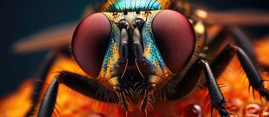 Poster - A closeup of an arthropods face with bright red eyes. This insect, with its electric blue iridescence, resembles a piece of jewelry or fashion accessory, displaying perfect symmetry