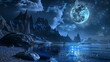 Moonlight night view at a beautiful fantasy unreal landscape. Generative Ai