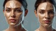 a woman's face with digital digits in a matrix artificial intelligence, Explore the realm of artificial intelligence with a finely realistic holographic face that has been improved with pixel effects,