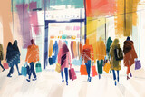 Fototapeta Morze - Drawing woman shopping at street shopping mall abstract background. Generative ai.