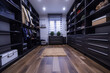 interior design of a modern dressing room with shelves and a wardrobe made of dark wenge wood