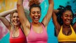 Energetic women in fitness gear, bright colorful background