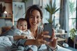 Mother and baby smiling during a selfie, cozy bedroom setting, morning light, joy, togetherness