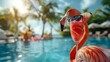 Chill Out: A Flamingo in Sunglasses Lounging by a Pool with Palm Trees, Fruit Cocktail, and Tropical Vibes. Concept Poolside Photography, Flamingo Fun, Tropical Paradise, Vacation Vibes, Summer Chill